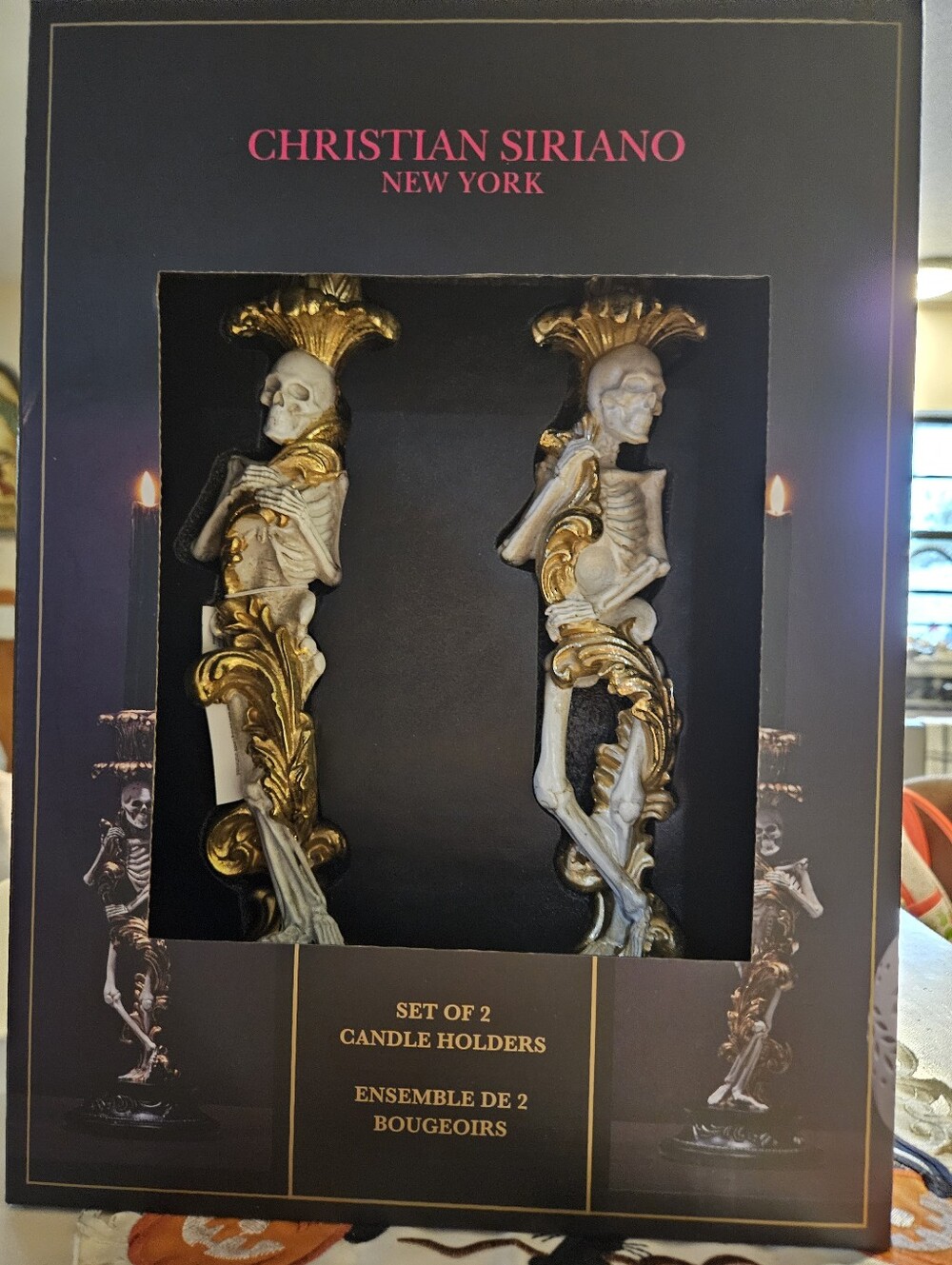 Christian Siriano Gold Skeleton Candlestick Holders Set of 2 Halloween NIB